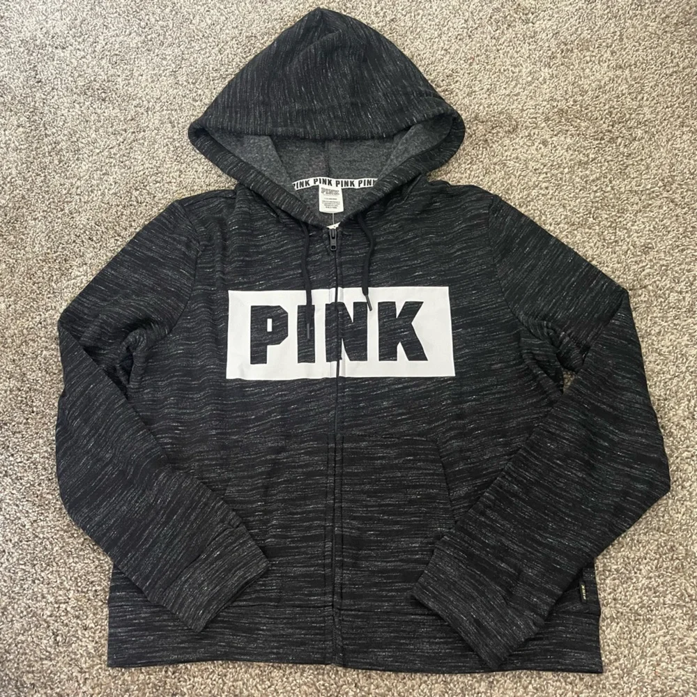 NWT Women’s Victoria’s Secret PINK Zip Up Hoodie Heather Black Size L - Picture 1 of 6